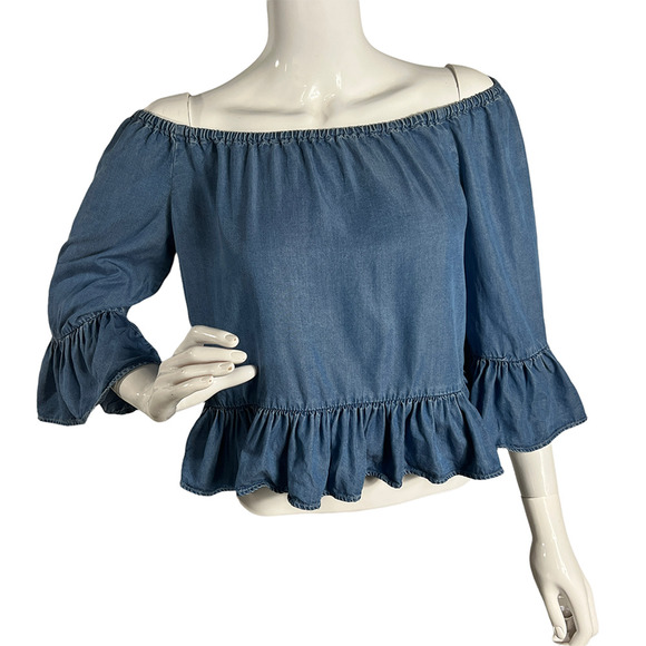 ZARA Women's Denim Ruffle Crop Top Blouse Bell Sleeve Light Blue Size XS - Picture 1 of 7